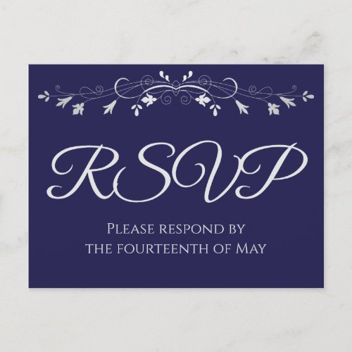 Silver on Navy Blue Elegant Wedding RSVP Postcard