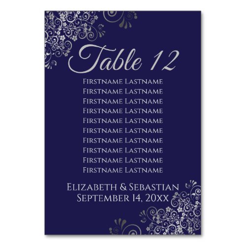 Silver on Navy Blue Elegant Wedding Seating Chart Table Number