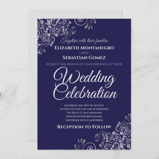 Silver on Navy Blue Simple Elegant Wedding Invitation (Front/Back)