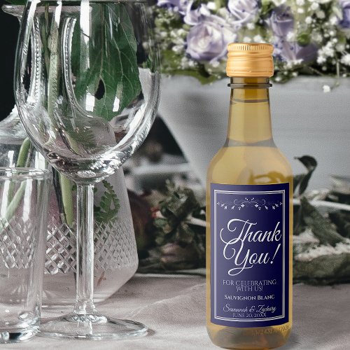 Silver on Navy Blue Wedding Thank You Mini Wine Label