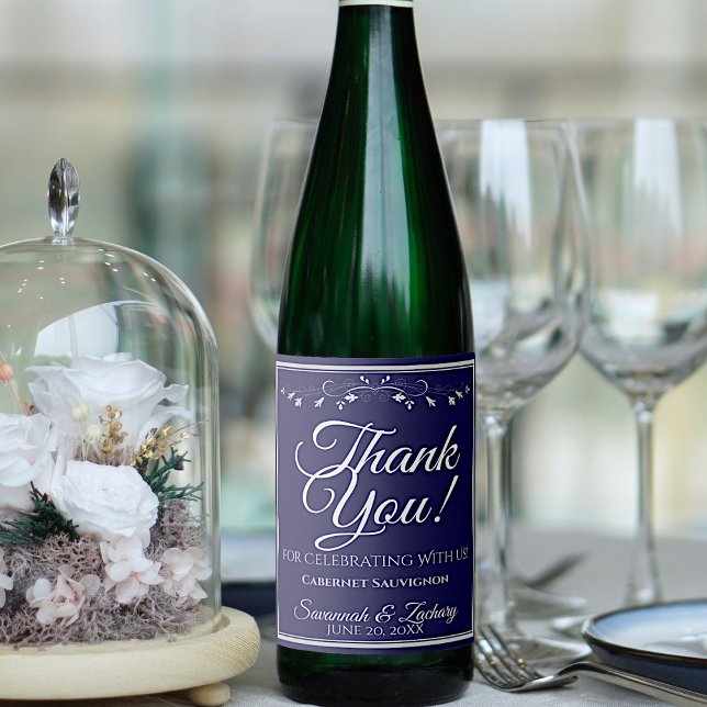 Silver on Navy Blue Wedding Thank You Wine Label (Creator Uploaded)