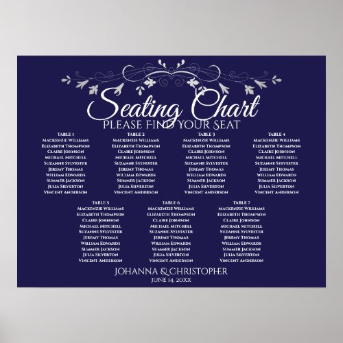 Silver on Navy Chic 7 Table Wedding Seating Chart