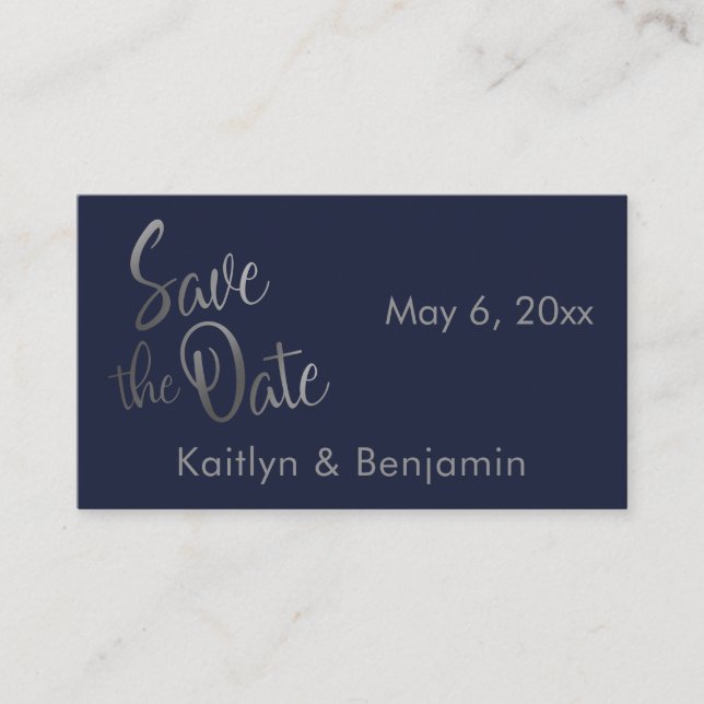 Silver on Navy Wedding Detail Save the Date Card (Front)