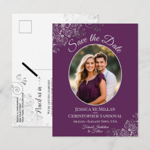 Silver on Plum Purple Wedding Save the Date Photo Announcement Postcard