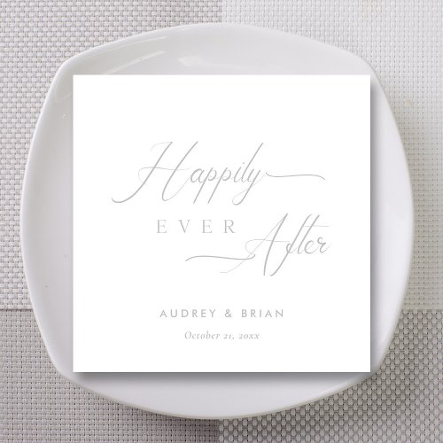 Silver on White Happily Ever After Wedding Napkins