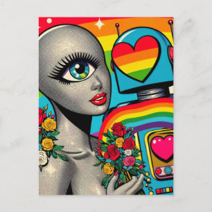 Silver One Eyed Alien in Love With a Robot Postcard