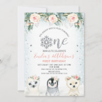 Silver One Twins Winter Animals 1st Birthday Invitation