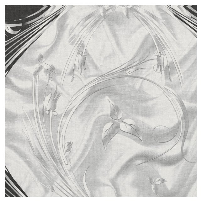 Silver or Abstract flowers on Black - Silk & Art  Fabric (Close Up)