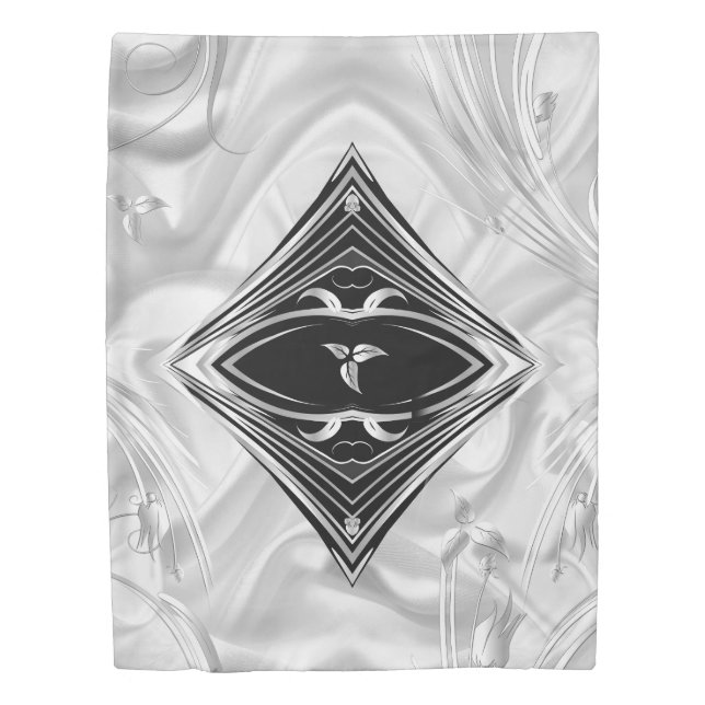 Silver or Abstract flowers on Black - Silk Duvet Cover (Front)