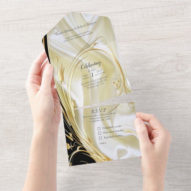 Silver or Gold Abstract flowers on - Silk & Art All In One Invitation (Tearaway)