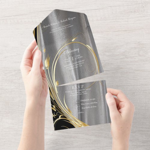 Silver or Gold Abstract flowers on _ Silk  Art All In One Invitation