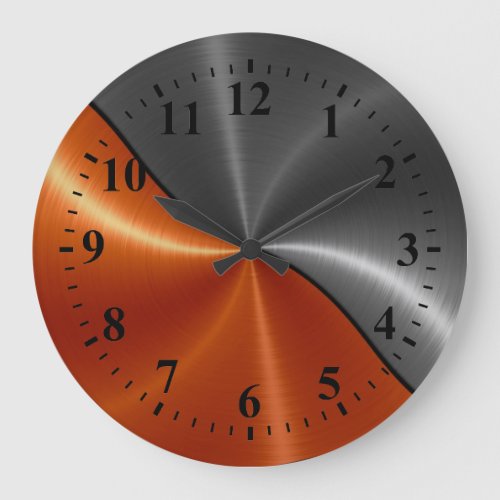 Silver Orange Stainless Steel Metal Look Large Clock