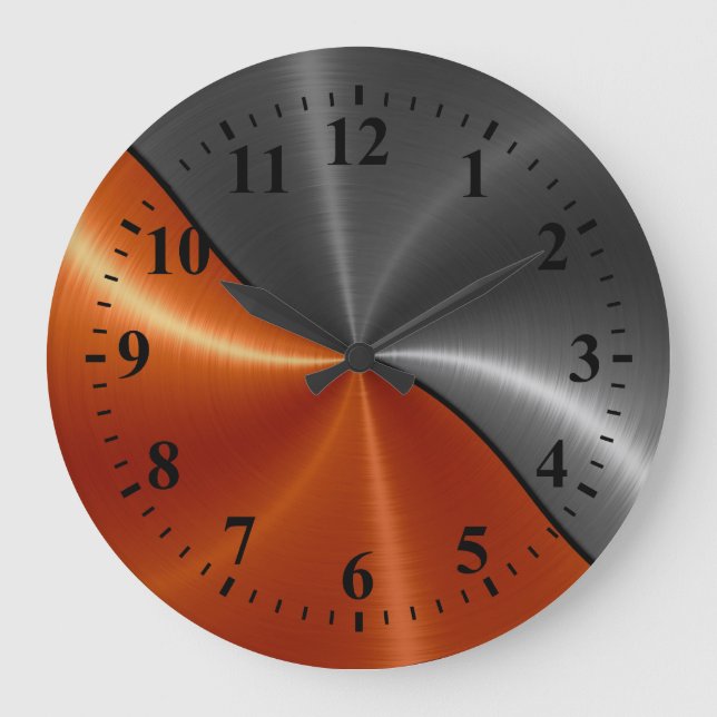 Silver Orange Stainless Steel Metal Look Large Clock (Front)
