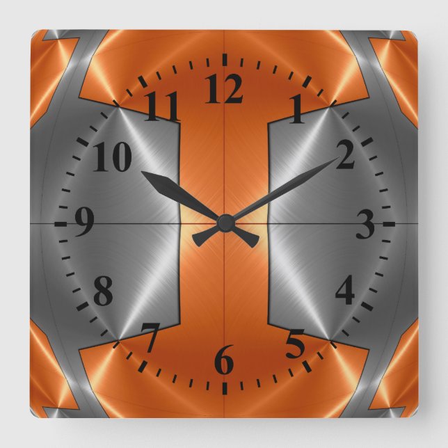 Silver Orange Stainless Steel Metal Look Square Wall Clock (Front)