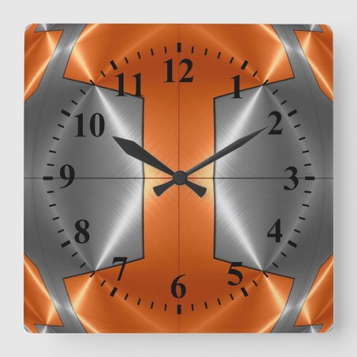 Silver Orange Stainless Steel Metal Look Square Wall Clock
