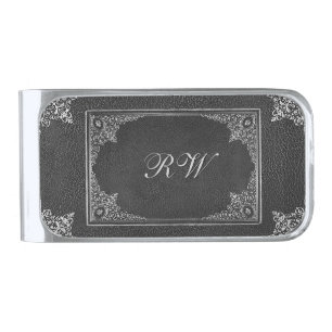 Silver Ornament on Black Leather w/without initial Finish Money Clip