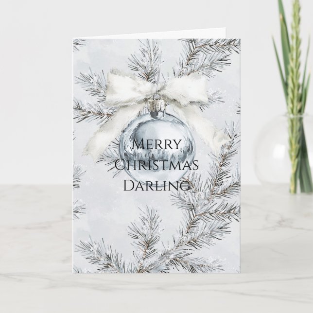 Silver Ornament White Bow Christmas Branches Card (Front)