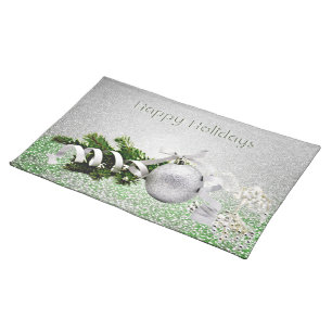 Silver Ornament White Ribbon Christmas Cloth Placemat