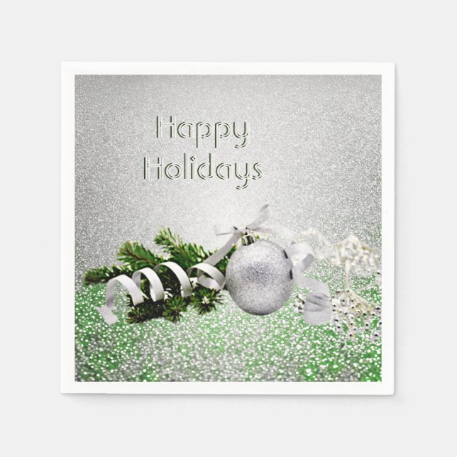 Silver Ornament White Ribbon Christmas Paper Napkins (Front)