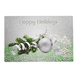 Silver Ornament White Ribbon Christmas Paper Placemat