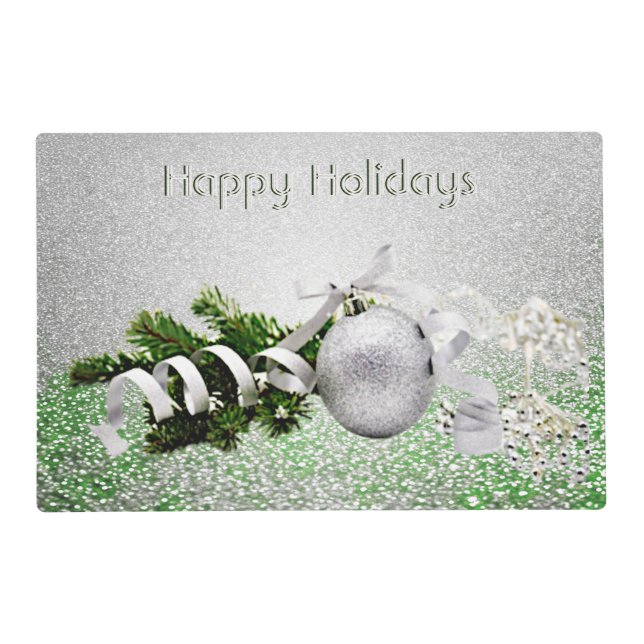 Silver Ornament White Ribbon Christmas Paper Placemat (Back)