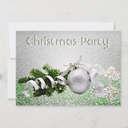 Silver Ornament White Ribbon Christmas Party Invitation