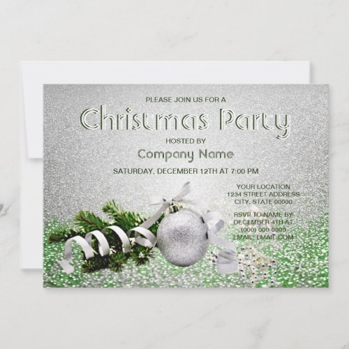 Silver Ornament White Ribbon Christmas Party Invitation