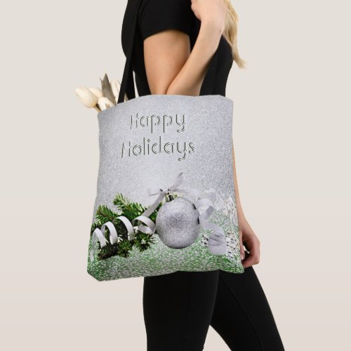 Silver Ornament White Ribbon Christmas Tote Bag