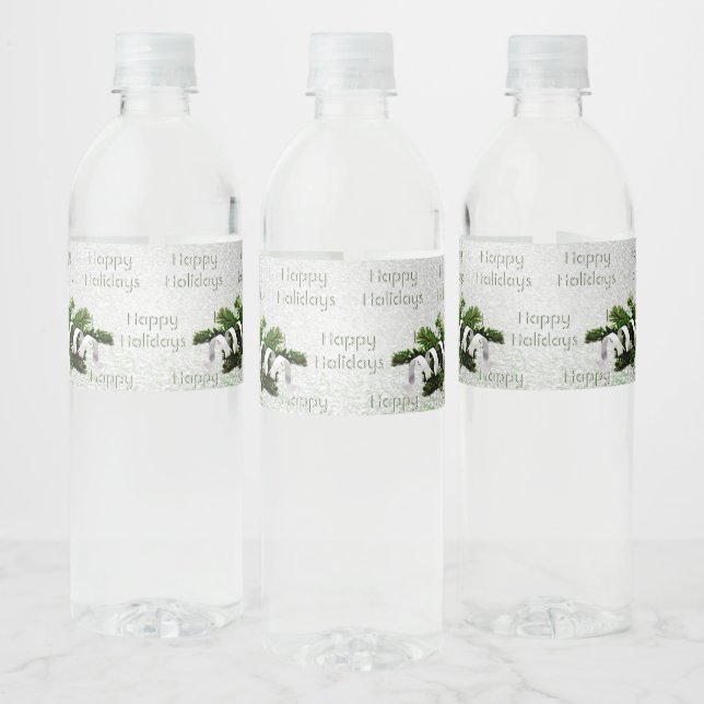 Silver Ornament White Ribbon Christmas Water Bottle Label (Bottles)