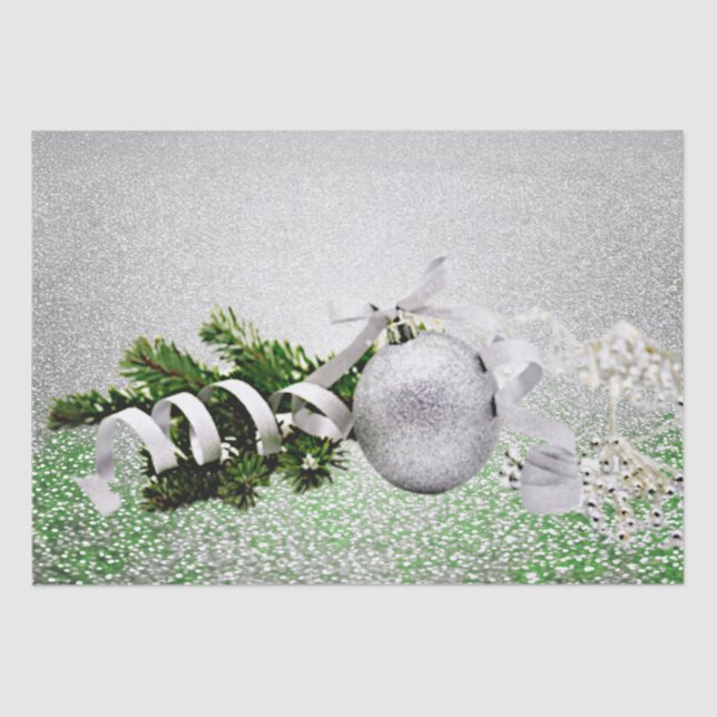 Silver Ornament White Ribbon Holiday Tissue Paper (Front)