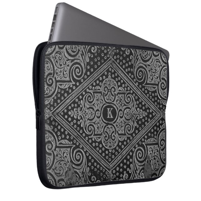 Silver Ornamental Monogrammed Laptop Sleeve (Front Right)