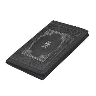 Silver Ornamental on Black Leather with Initial(s) Tri-fold Wallet