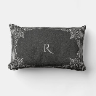 Silver Ornamental on Black with Initial(s) Lumbar Pillow