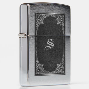 Silver Ornamental on Black with Initial Zippo Lighter
