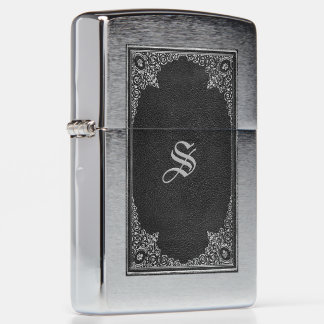 Silver Ornamental on Black with Initial Zippo Lighter