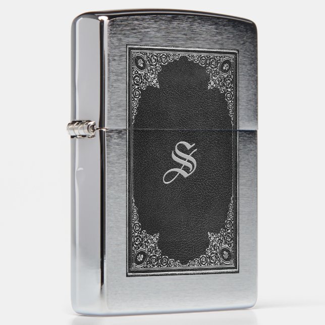 Silver Ornamental on Black with Initial Zippo Lighter (Right)