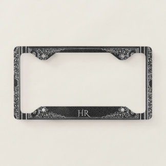 Silver Ornamental on Black with Initials License Plate Frame