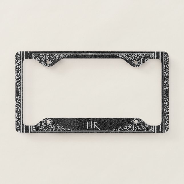 Silver Ornamental on Black with Initials License Plate Frame (Front)