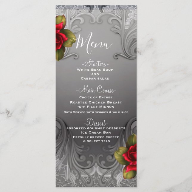 Silver Ornamental Vintage Fancy Red Roses Menu (Front)
