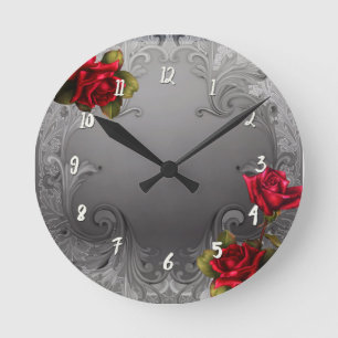 Silver Ornamental Vintage Fancy Red Roses Round Clock