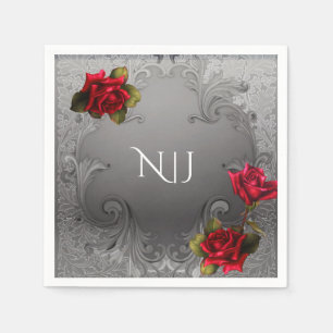 Silver Ornamental Vintage Fancy Red Roses Wedding Paper Napkins