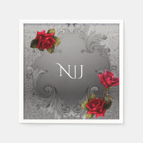 Silver Ornamental Vintage Fancy Red Roses Wedding Paper Napkins