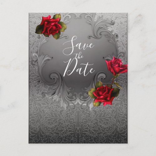 Silver Ornamental Vintage Red Roses Save the Date Announcement Postcard