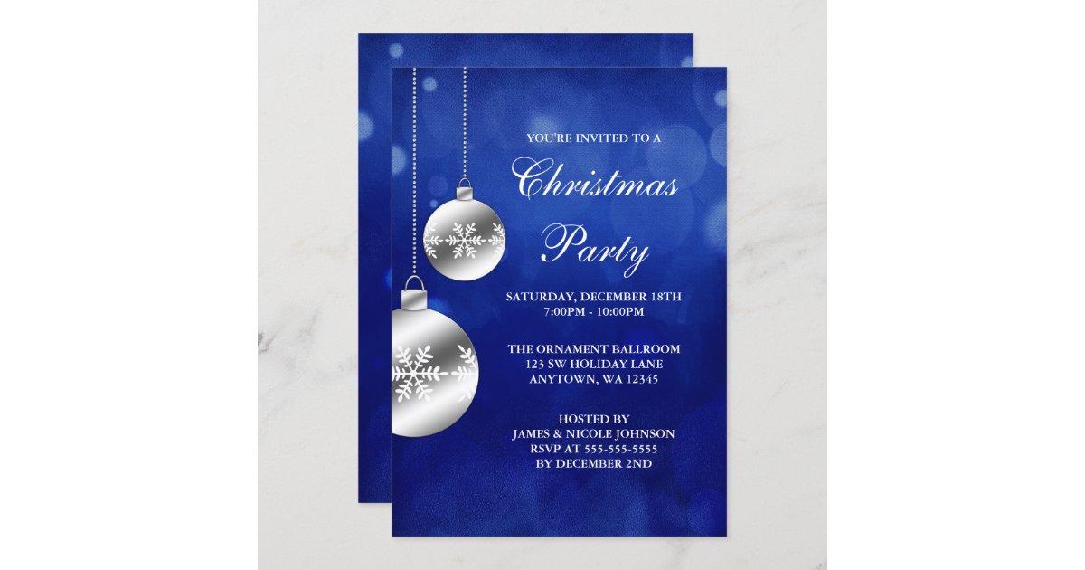 Silver Ornaments Blue Bokeh Christmas Party Invitation | Zazzle