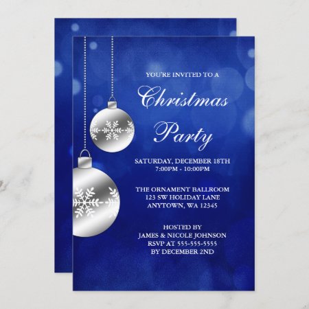 Silver Ornaments Blue Bokeh Christmas Party Invitation