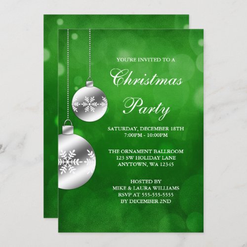 Silver Ornaments Green Bokeh Christmas Party Invitation