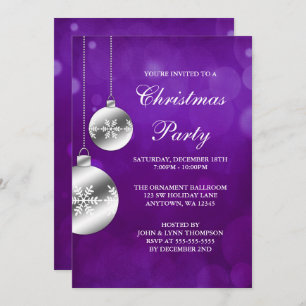 Silver Ornaments Purple Bokeh Christmas Party Invitation