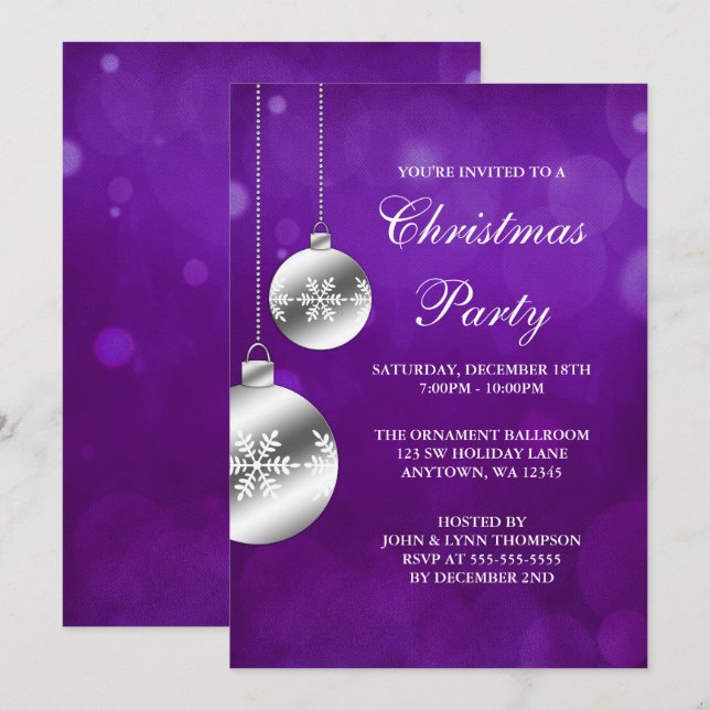 Silver Ornaments Purple Bokeh Christmas Party Invitation (Front/Back)