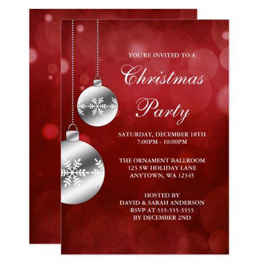 Silver Ornaments Red Bokeh Christmas Party Invitation 