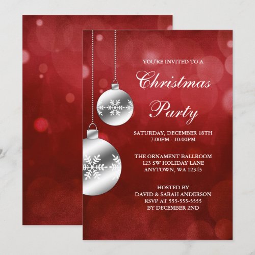 Silver Ornaments Red Bokeh Christmas Party Personalized Invites